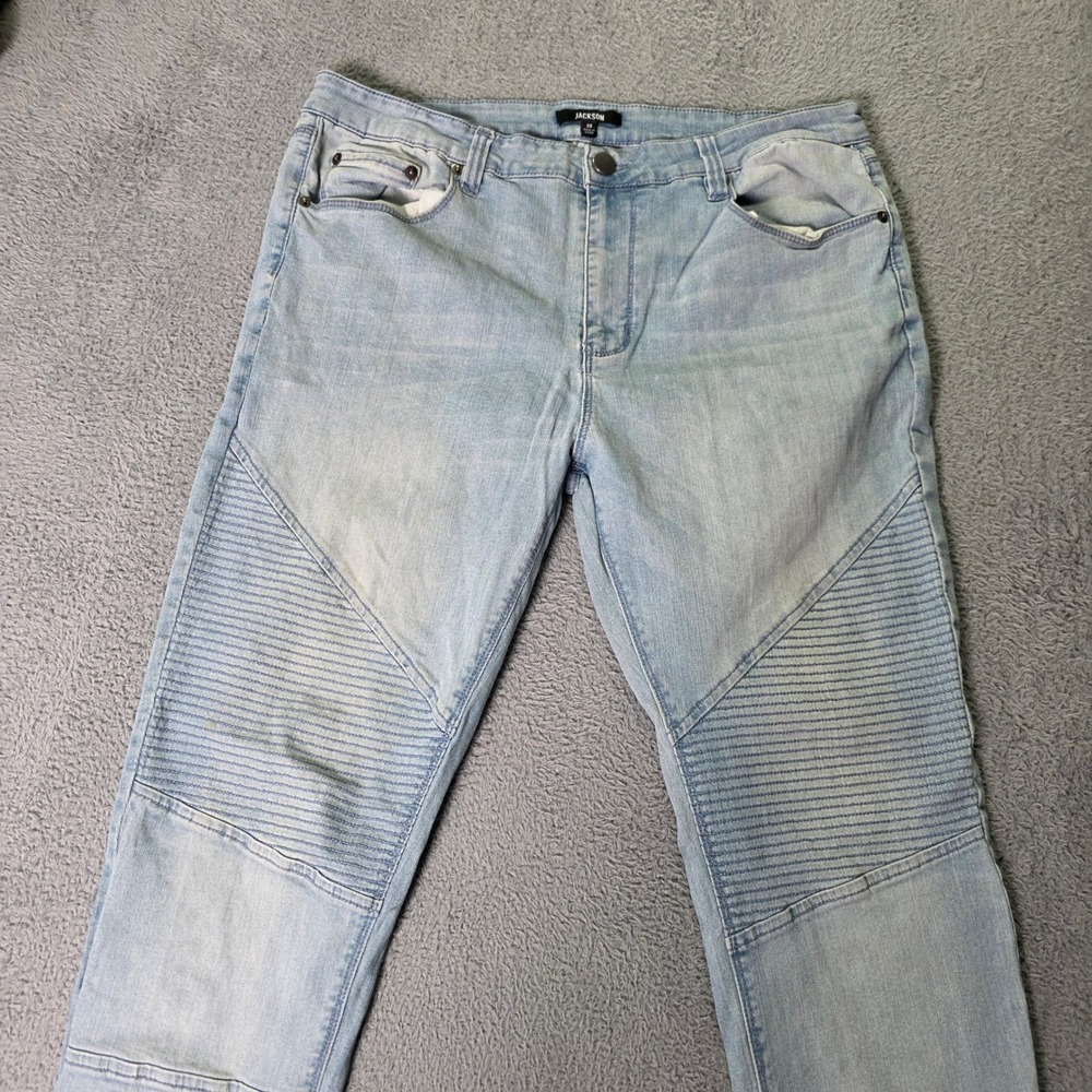 Jackson Mens 34x30 Moto Jeans Light Blue Ribbed Biker Denim Pants